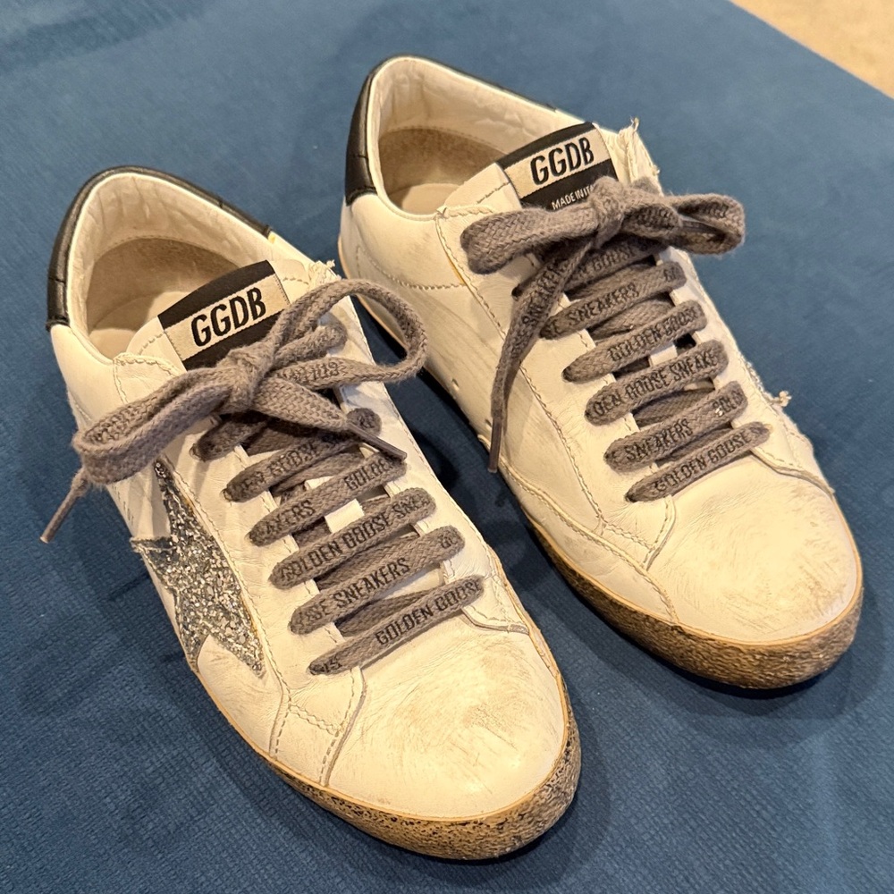 Golden Goose White leather Sneakers with Glitter Star and Gray Laces